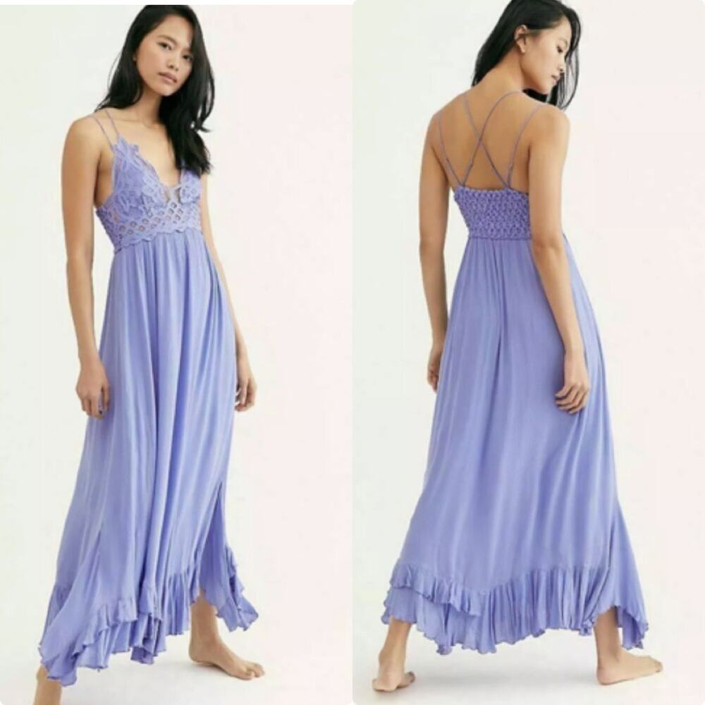 $128 NWOT Free People XS Adella Crochet Lace Maxi Slip Dress Periwinkle